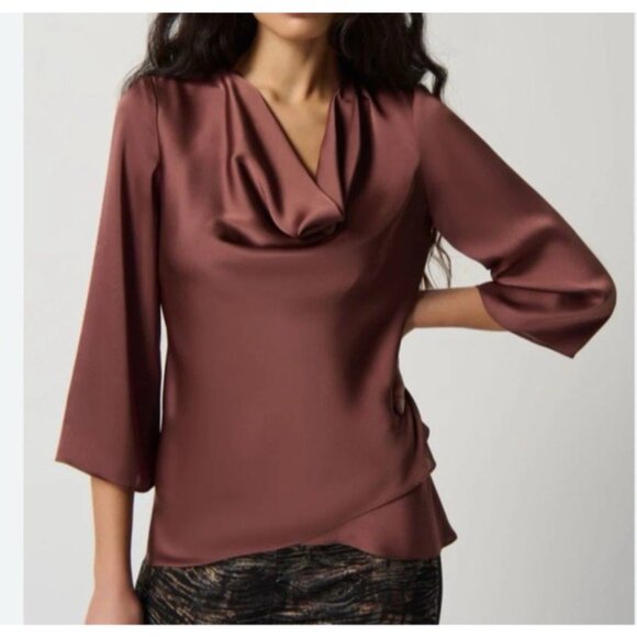 Joseph Ribkoff Top 2 XS Brown Tiered Cowl Neck Long Sleeve $185 - Picture 2 of 13